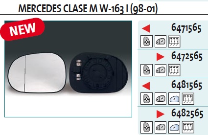 Стекло зеркала электрического левого для Mercedes Benz W163 M-Klasse (ML) 1998-2004 - Фото №1